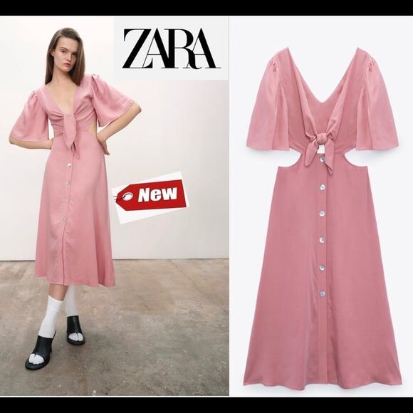 ZARA Pink Cut Out Tied V-neck Front Button Midi Dress Sz M NWT - Picture 1 of 8